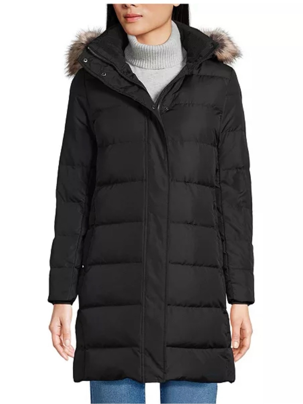 LL Bean Black Quilted Down Ski Parka with Faux-Fur Trim
